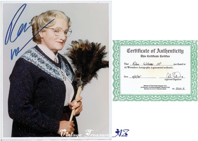 Image for  Mrs Doubtfire Robin Williams Autographed Photograph + COA Hand-signed Color Movie Still Famous “Feather Duster” Image (Certificate of Authenticity)   ***USPS PRIORITY MAIL SHIPPING INCLUDED – DOMESTIC ORDERS ONLY!***